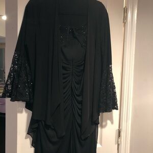 R&M Richards Black Ruched Cocktail Dress with Bell Sleeves